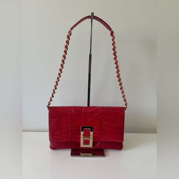 New PAOLA DANGOND Genuine Crocodile Chain Strap Shoulder Bag Handbag, Red - Picture 1 of 10